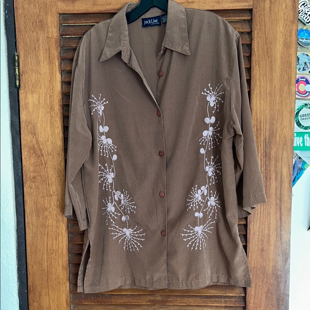 JACKLINE Vintage Brown Button Down Guayabera Style Shirt w Embroidery Size L
